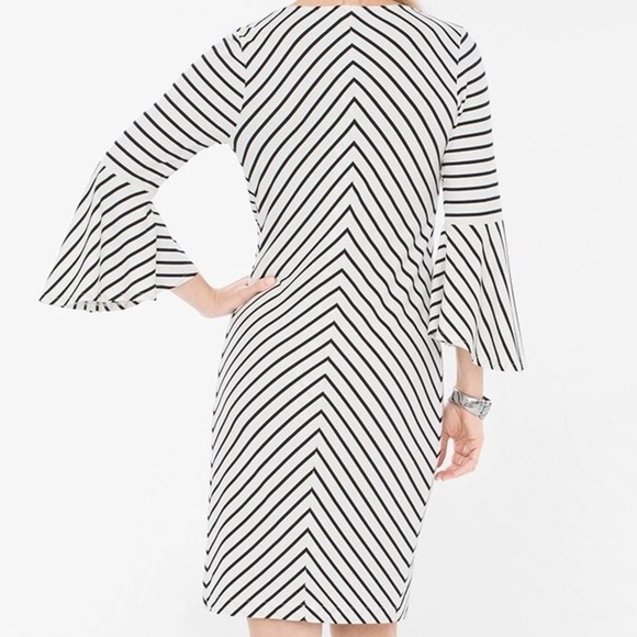 CHICO'S Black & White Striped Dress Flare Long Sleeves - Picture 3 of 11